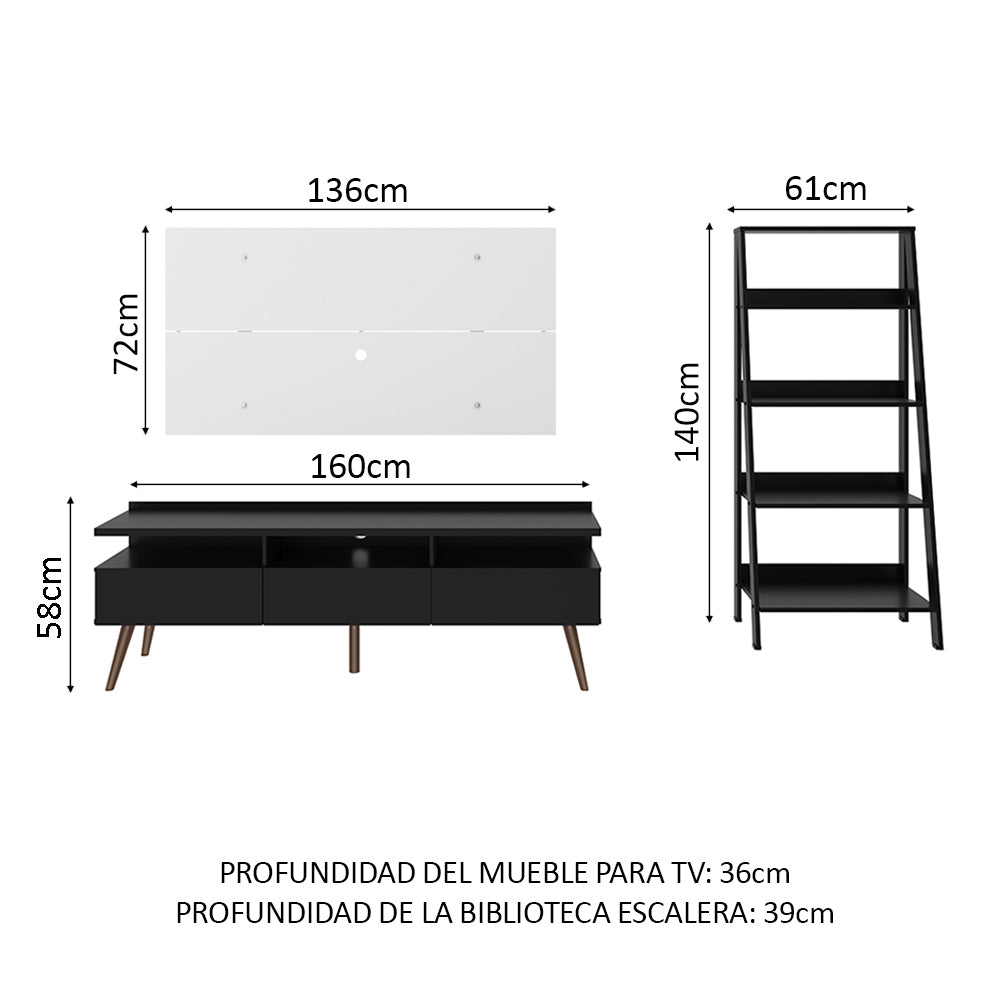 Rack Londres, Estante Escalera e Panel para TV hasta 55 Pulgadas Madesa Negro/Blanco