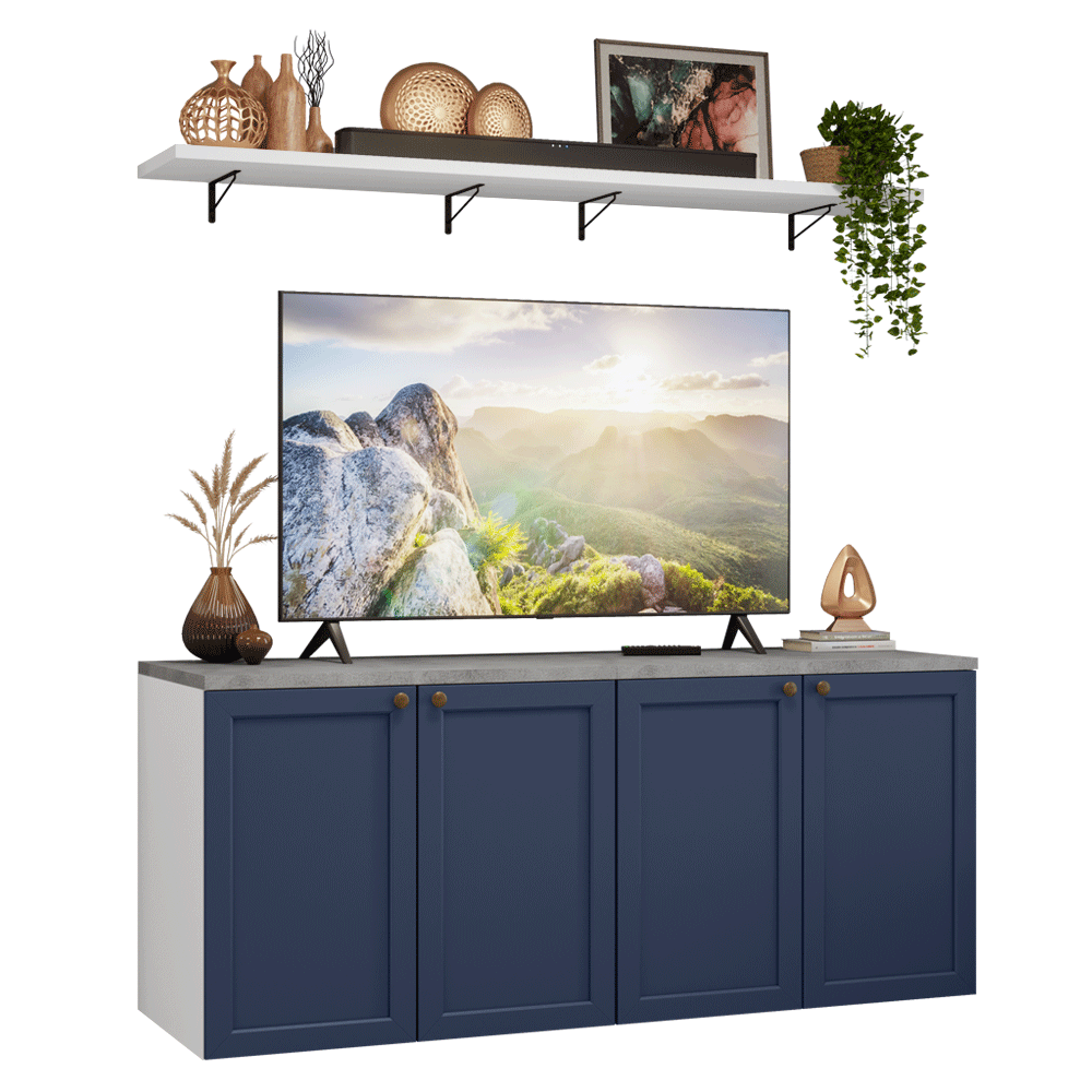 Rack para TV hasta 70 pulgadas + repisas de 160cm, Blanco/Azul Vik 05
