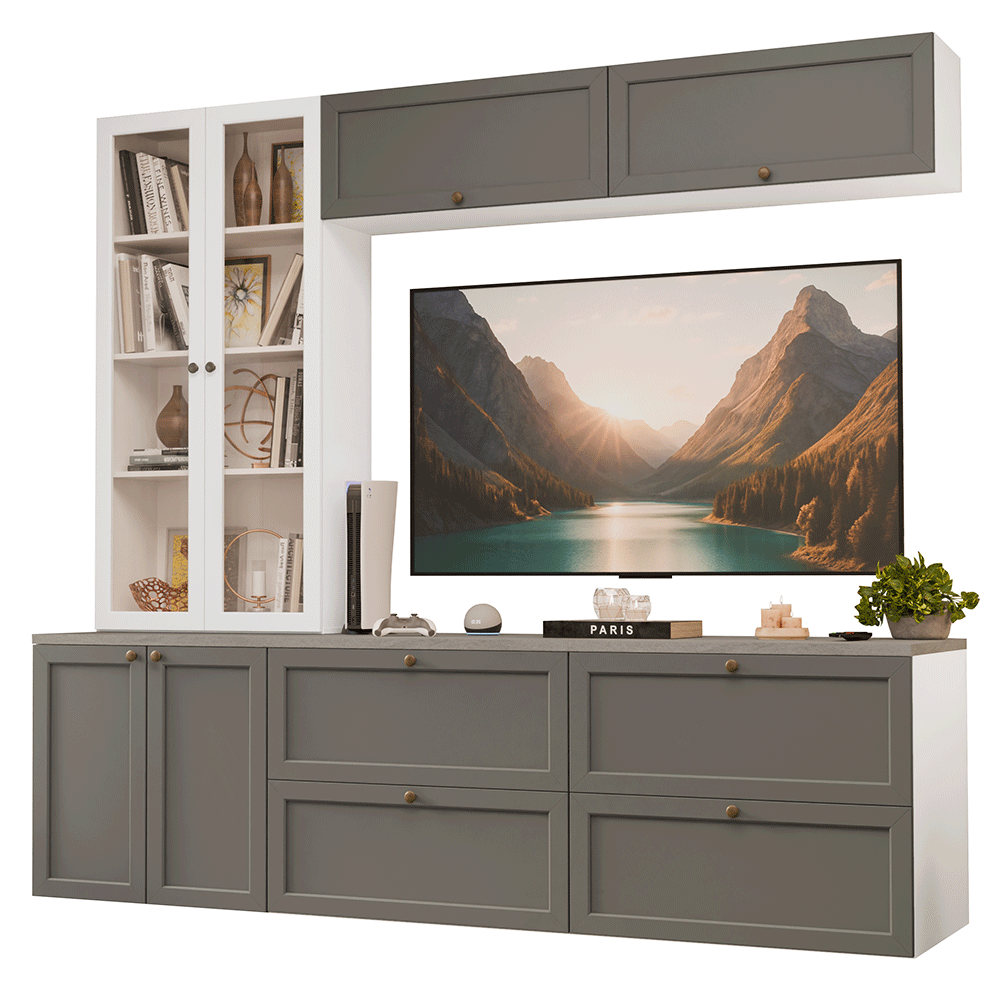 Centros de Entretenimiento con Rack + Cristaleiro 230 cm Blanco/Gris/Blanco Vik Madesa 01