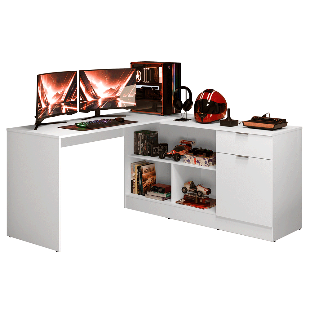 Escritorio Esquinero Gamer 300 cm Blanco Roma Madesa