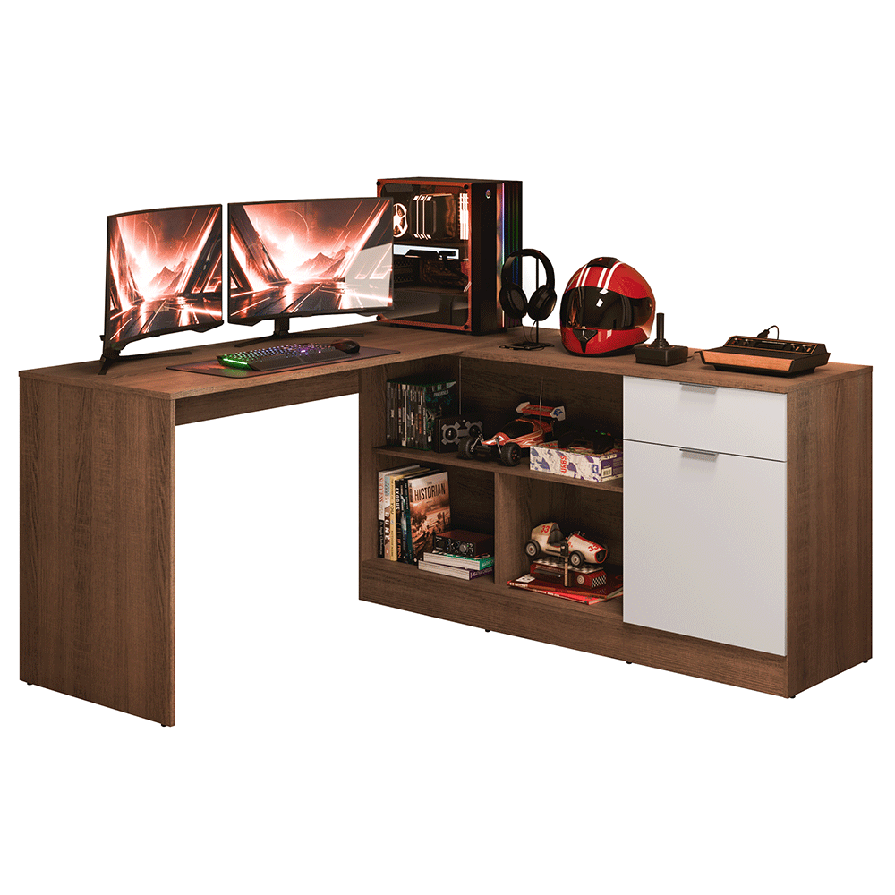 Escritorio Esquinero Gamer 300 cm Marrón/Blanco Roma Madesa