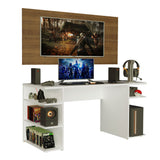 Escritorio Gamer Moderno Madesa + Panel para TV Hasta 50 Pulgadas Blanco/Marrón