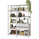 Estantería multiusos para oficina, 129 cm, 9 estantes, 2 cajones, color Blanco