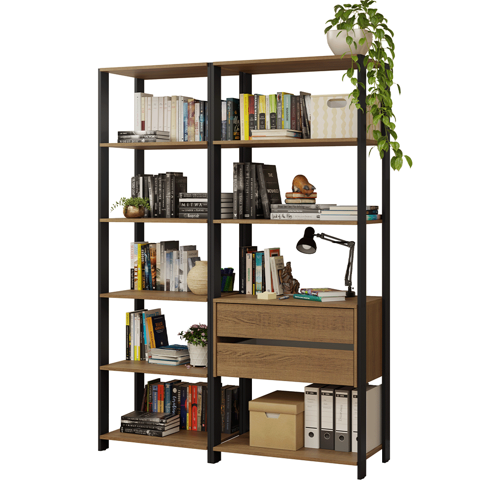 Mueble/Estante de Oficina Multiusos, 129 cm, 9 Estantes, 2 Cajones, Marrón/Negro