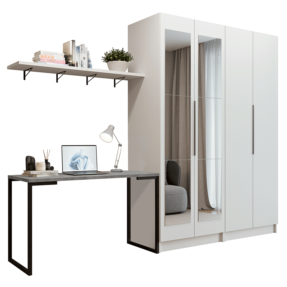 Conjunto Home Office 2 Placard con Espejos Neo 1 Escritorio y 2 Repisas Blanco Madesa