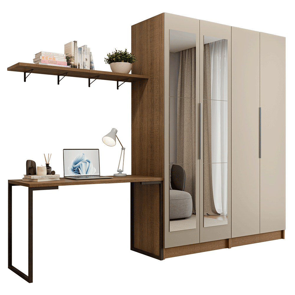 Conjunto Home Office 2 Armarios Neo con Espejos 1 Escritorio 2 Repisas Marrón/Crema Madesa