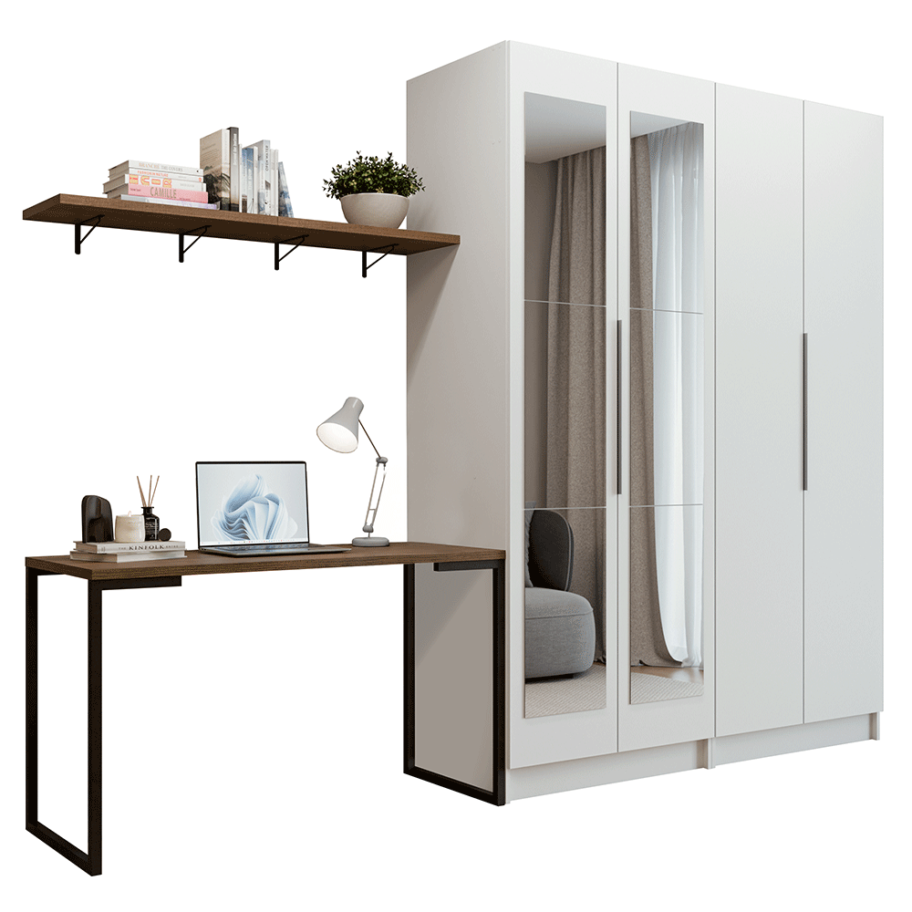 Conjunto Home Office 2 Placard Neo con Espejos 1 Escritorio 2 Repisas Blanco/Marrón Madesa