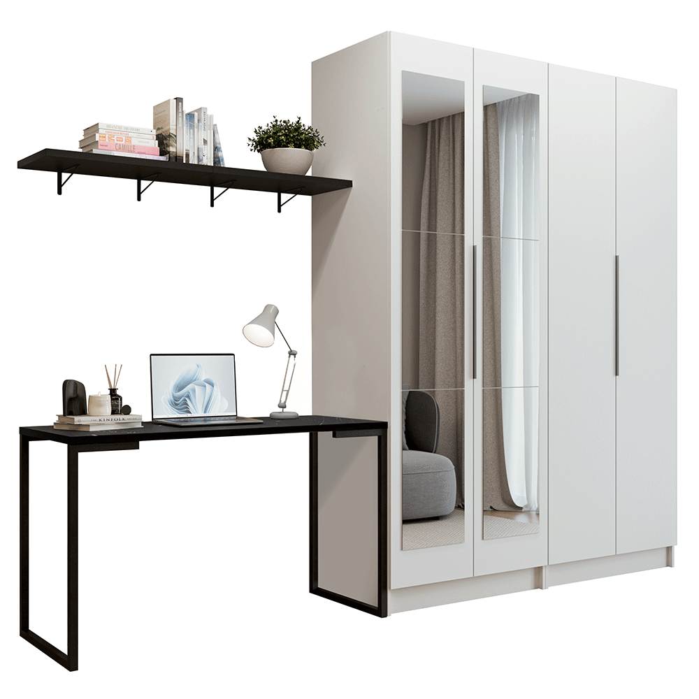Conjunto Home Office 2 Placard Neo con Espejos 1 Escritorio 2 Repisas Blanco/Negro Madesa
