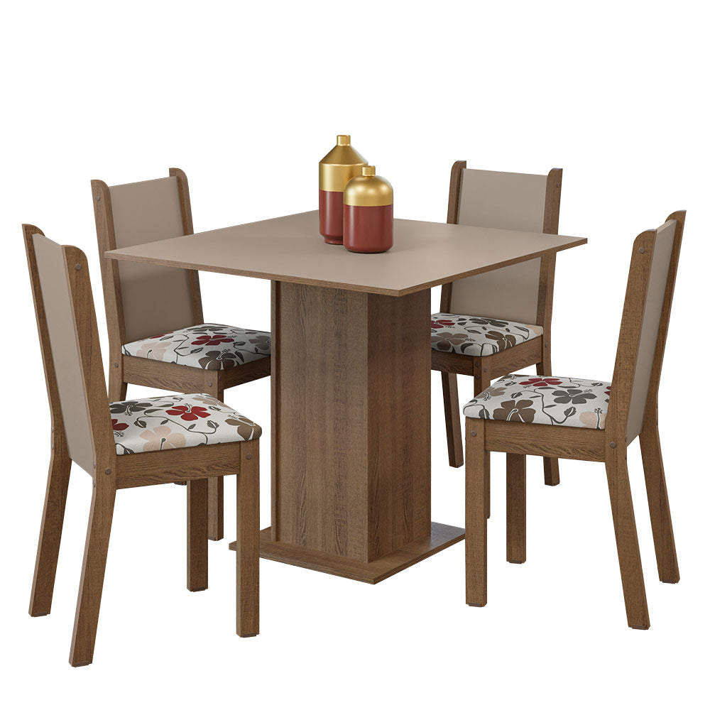 Juego de Comedor Mesa Tapa de Madera 4 Sillas Marrón/Crema/Hibiscos Alana Madesa