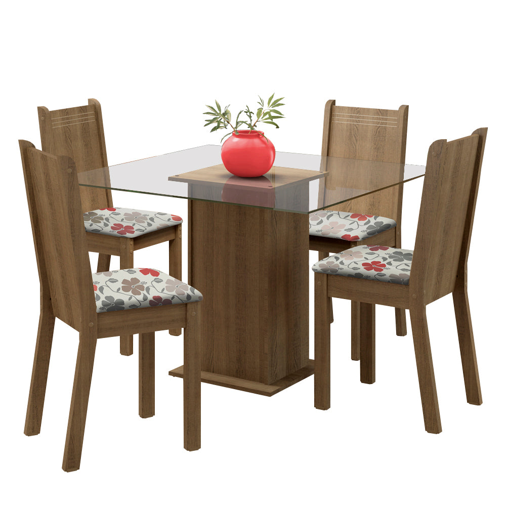 Juego de Comedor Madesa Maya Mesa Tapa de Vidrio con 4 Sillas Marrón/Floral Hibiscos
