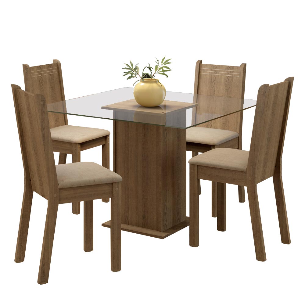 Juego de Comedor Madesa Maya Mesa Tapa de Vidrio con 4 Sillas Marrón/Sintético Beige