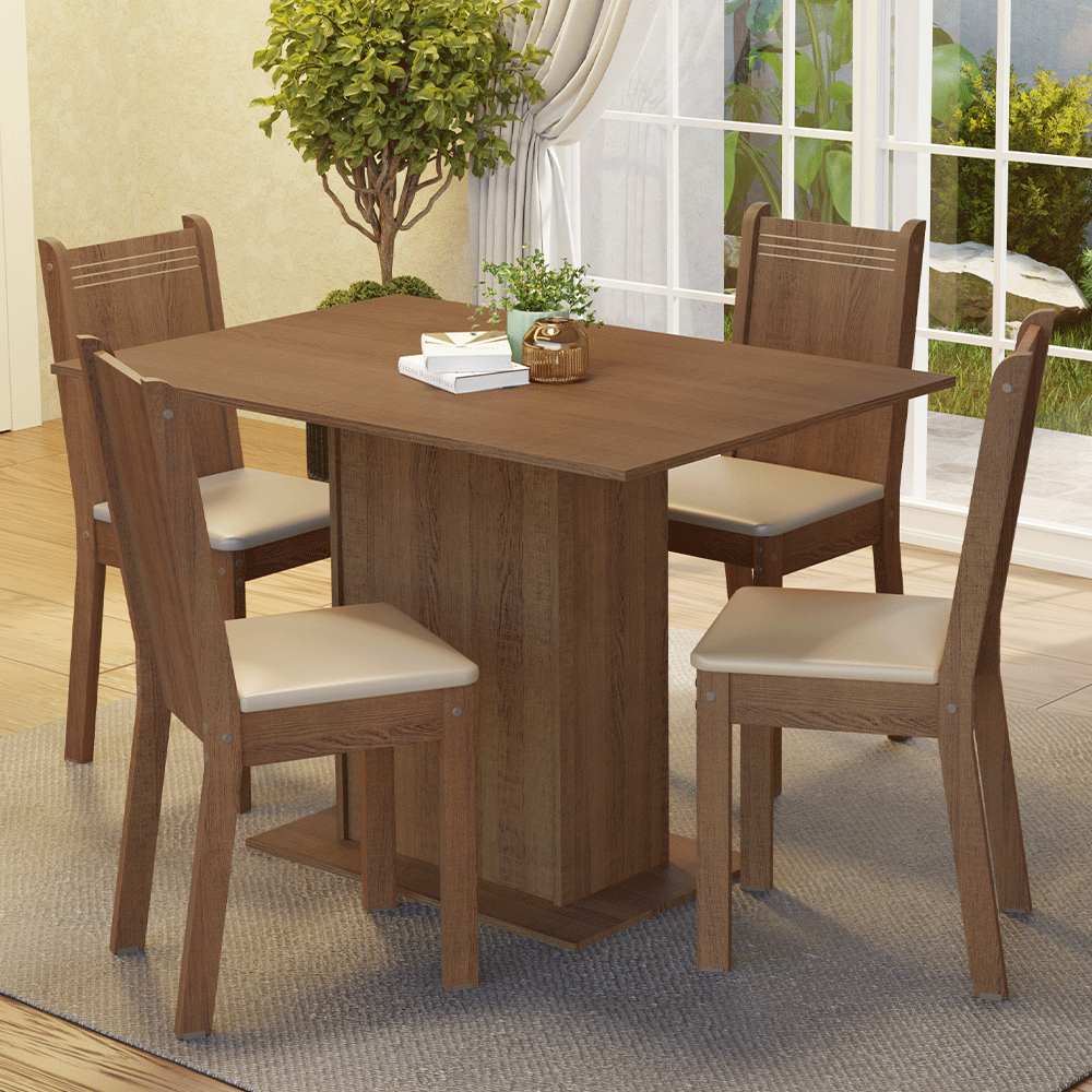 Juego de Comedor Luana Mesa Rectangular Tapa de Madera con 4 Sillas Marrón/Beige Madesa