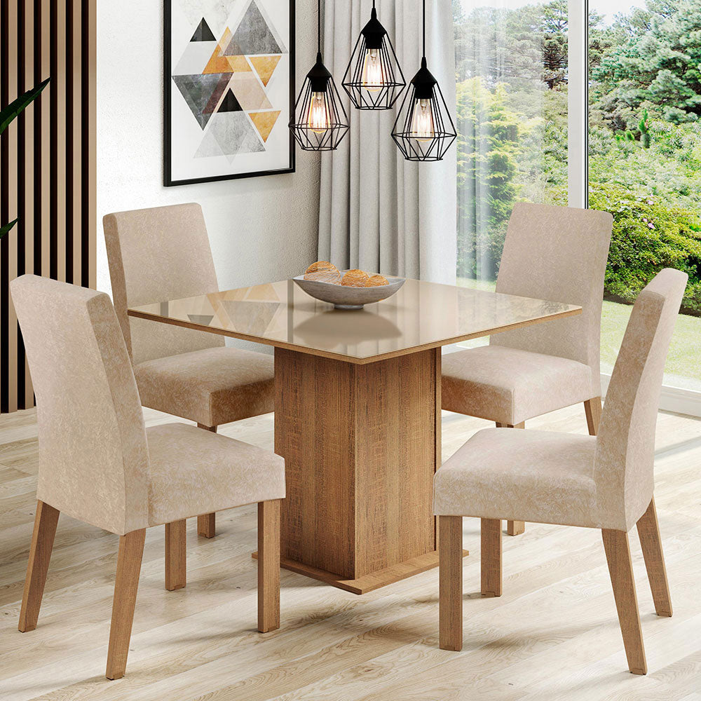 Juego de Comedor Madesa Evelin Mesa con Tapa de Vidrio con 4 Sillas Marrón/Crema/Imperial
