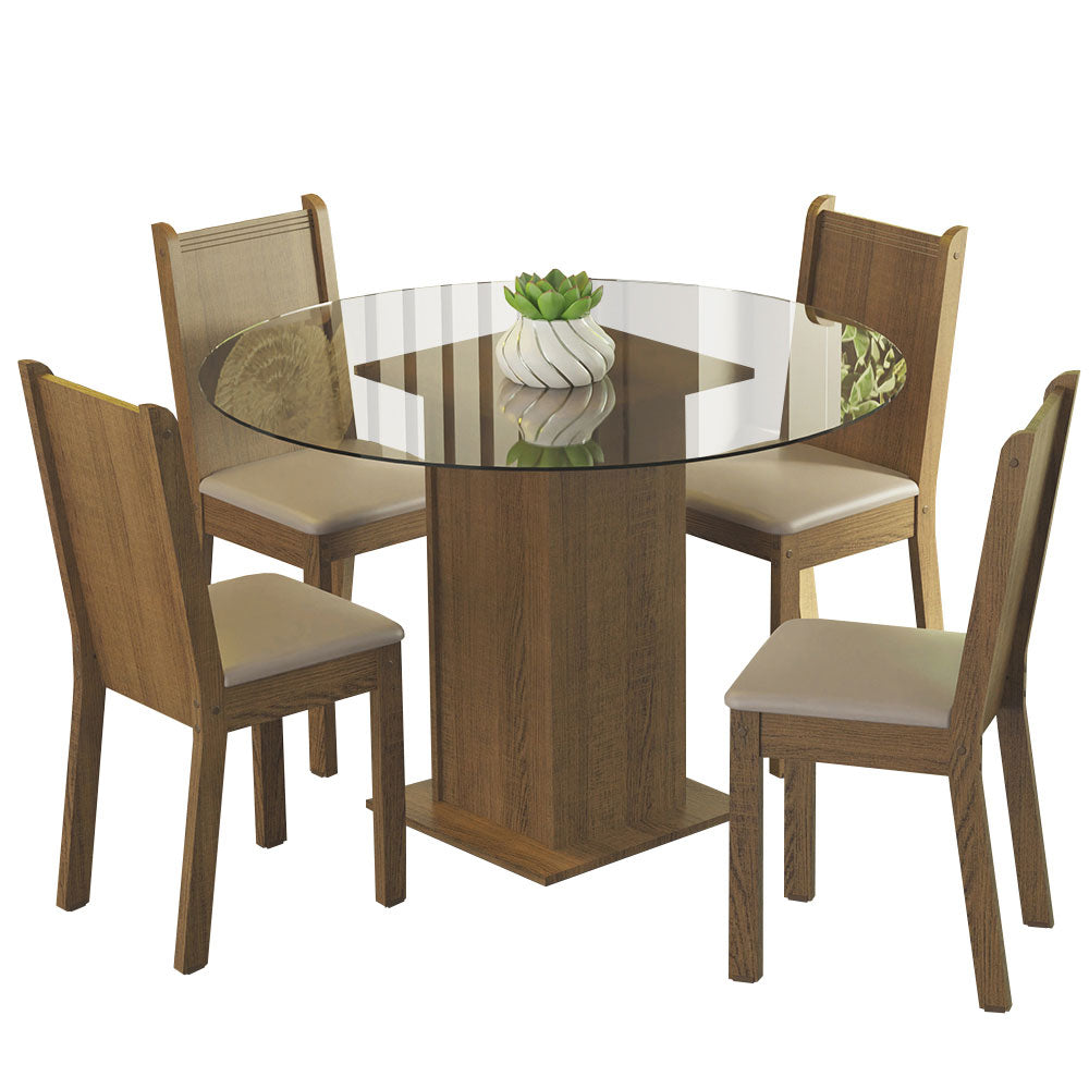 Juego de Comedor Madesa Débora Mesa Tapa de Vidrio Redondo 4 Sillas Marrón/Beige