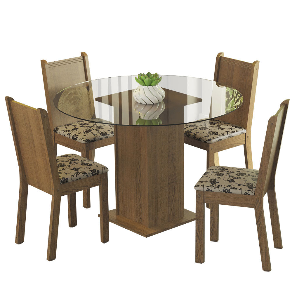 Juego de Comedor Madesa Débora Mesa Tapa de Vidrio Redondo 4 Sillas Marrón/Beige Marrón