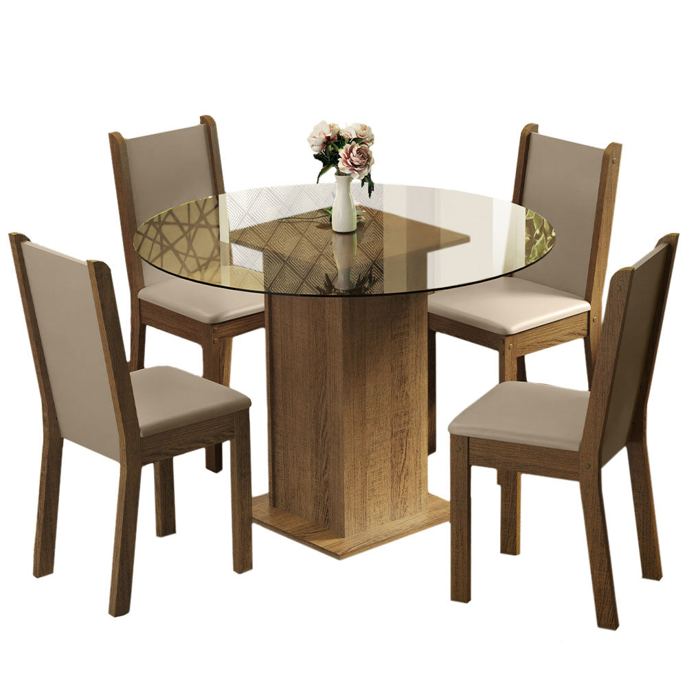 Juego de Comedor Madesa Nanda Mesa Tapa de Vidrio Redondo 4 Sillas Marrón/Crema/Beige
