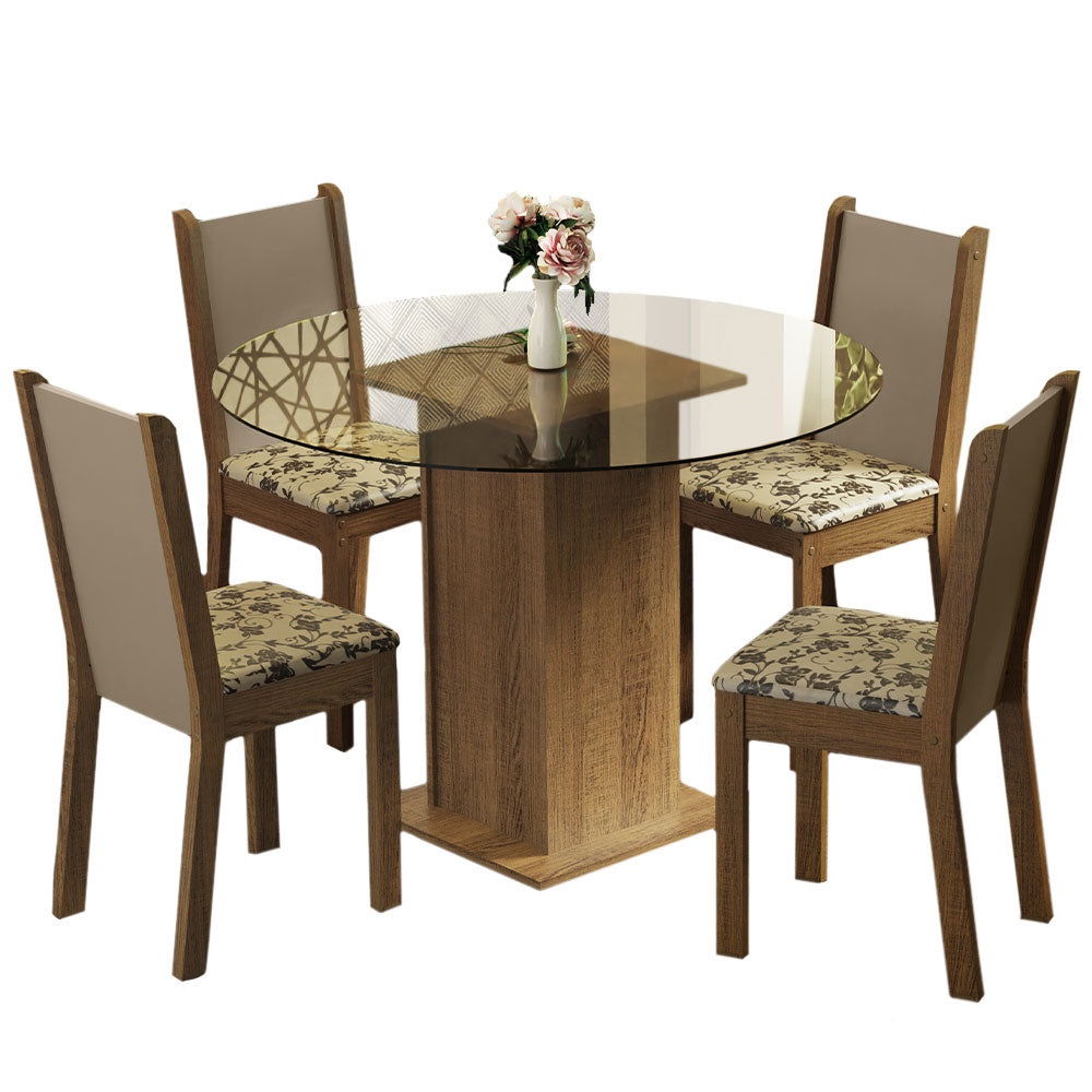 Juego de Comedor Madesa Nanda Mesa Tapa Vidrio Redondo 4 Sillas Marrón/Crema/Beige Marrón