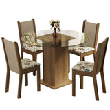 Juego de Comedor Madesa Nanda Mesa Tapa Vidrio Redondo 4 Sillas Marrón/Crema/Hibiscos