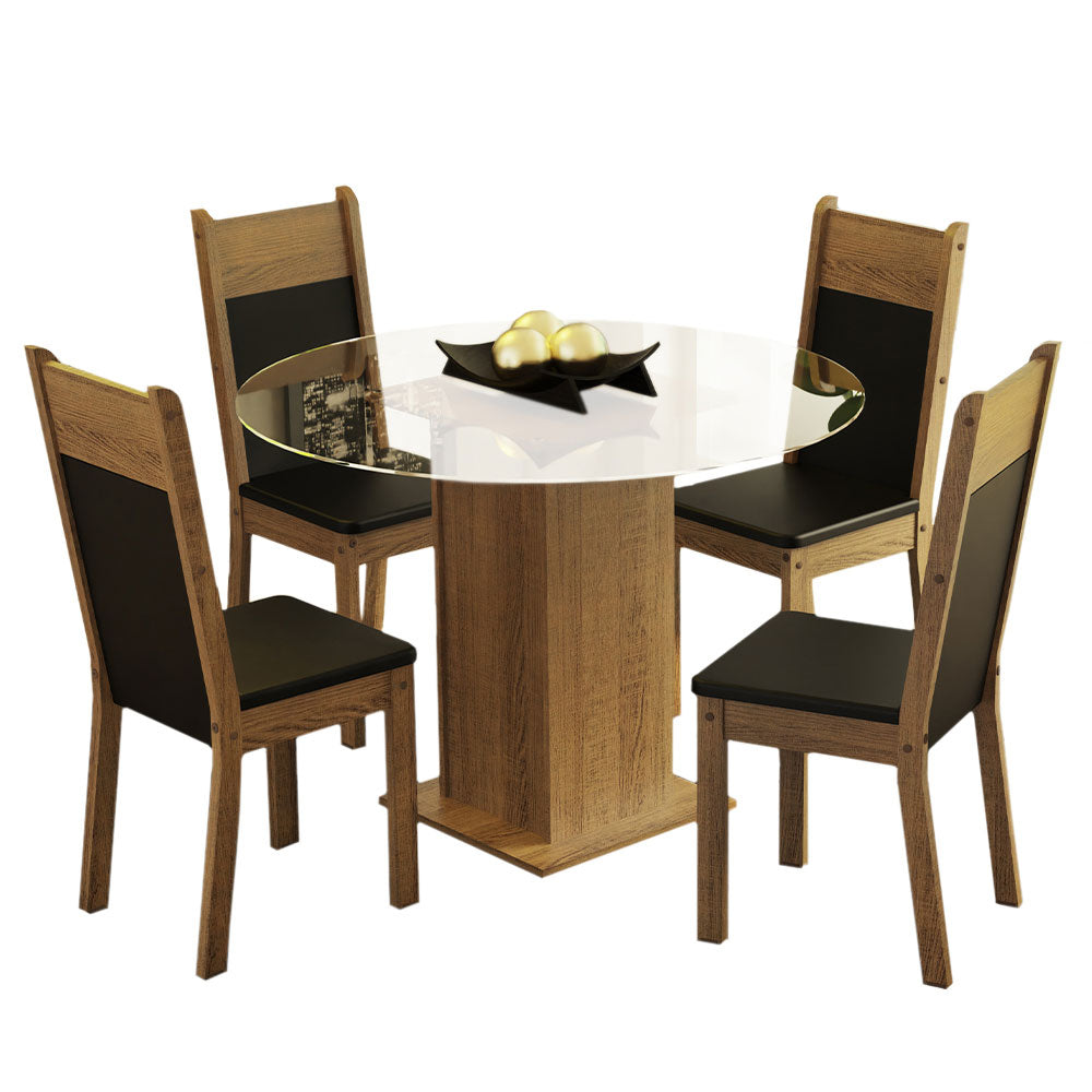 Juego de Comedor Madesa Beta Mesa Tapa de Vidrio Redondo 4 Sillas Marrón/Negro