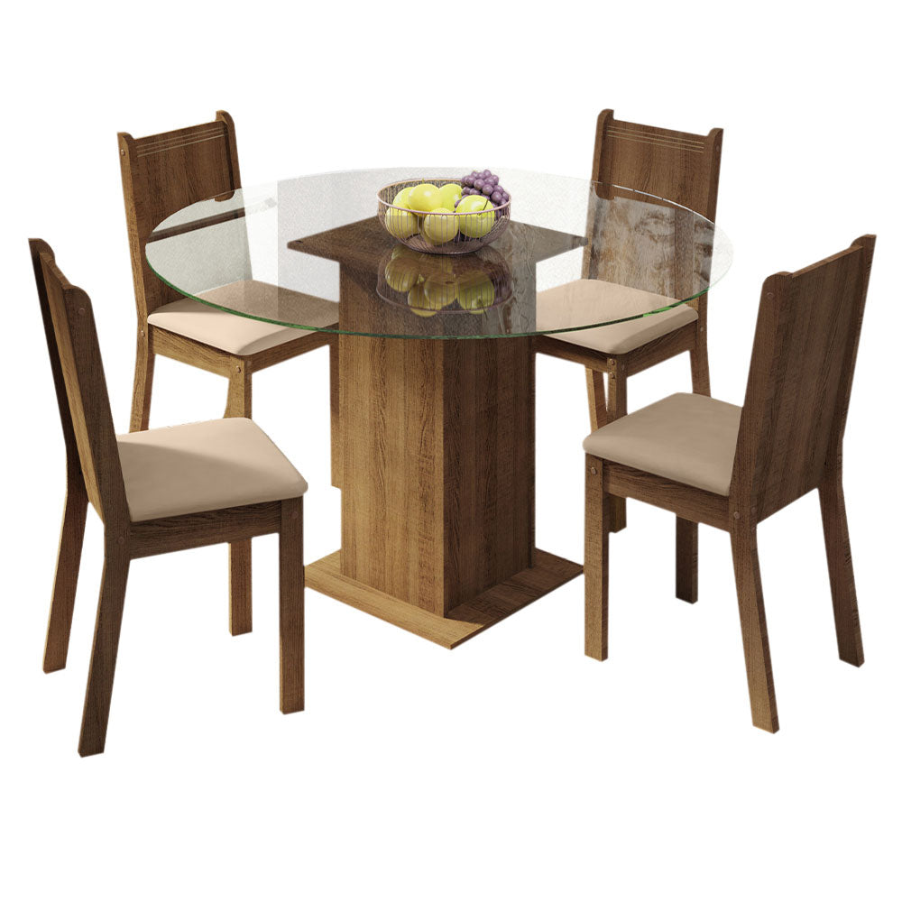Juego de Comedor Madesa Paula Mesa Tapa de Vidrio Redondo 4 Sillas Marrón/Beige