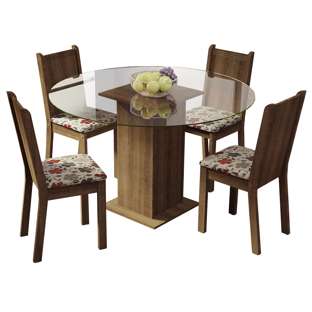 Juego de Comedor Madesa Paula Mesa Tapa de Vidrio Redondo 4 Sillas Marrón/Hibiscos