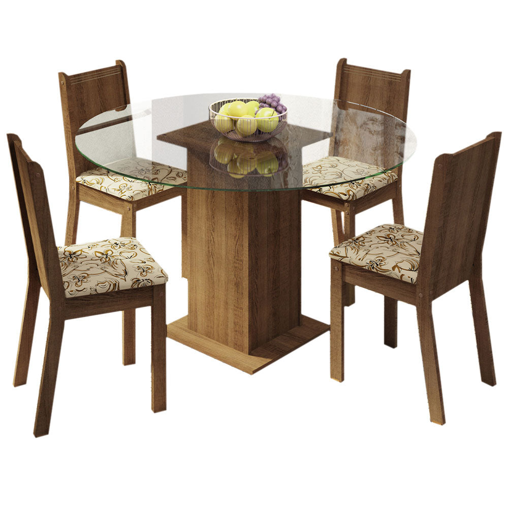 Juego de Comedor Madesa Paula Mesa Tapa de Vidrio Redondo 4 Sillas Marrón/Lírio Beige