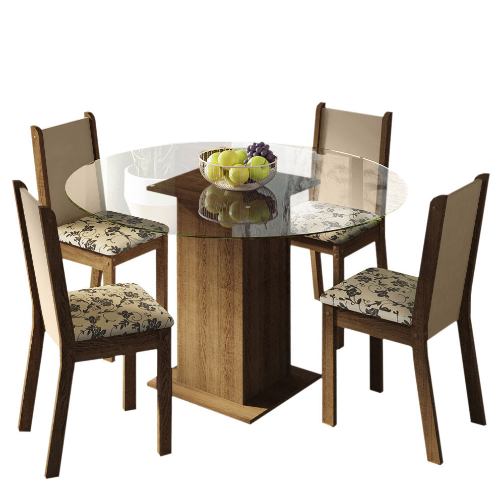 Juego de Comedor Madesa Madu Mesa Tapa de Vidrio Redondo 4 Sillas Marrón/Crema/Beige Marrón