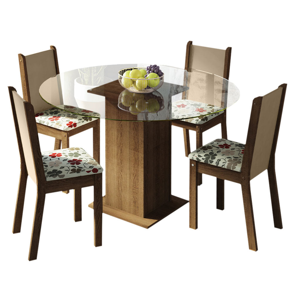 Juego de Comedor Madesa Madu Mesa Tapa de Vidrio Redondo 4 Sillas Marrón/Crema/Hibiscos