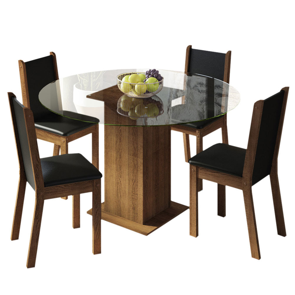 Juego de Comedor Madesa Madu Mesa Tapa de Vidrio Redondo 4 Sillas Marrón/Negro/Negro