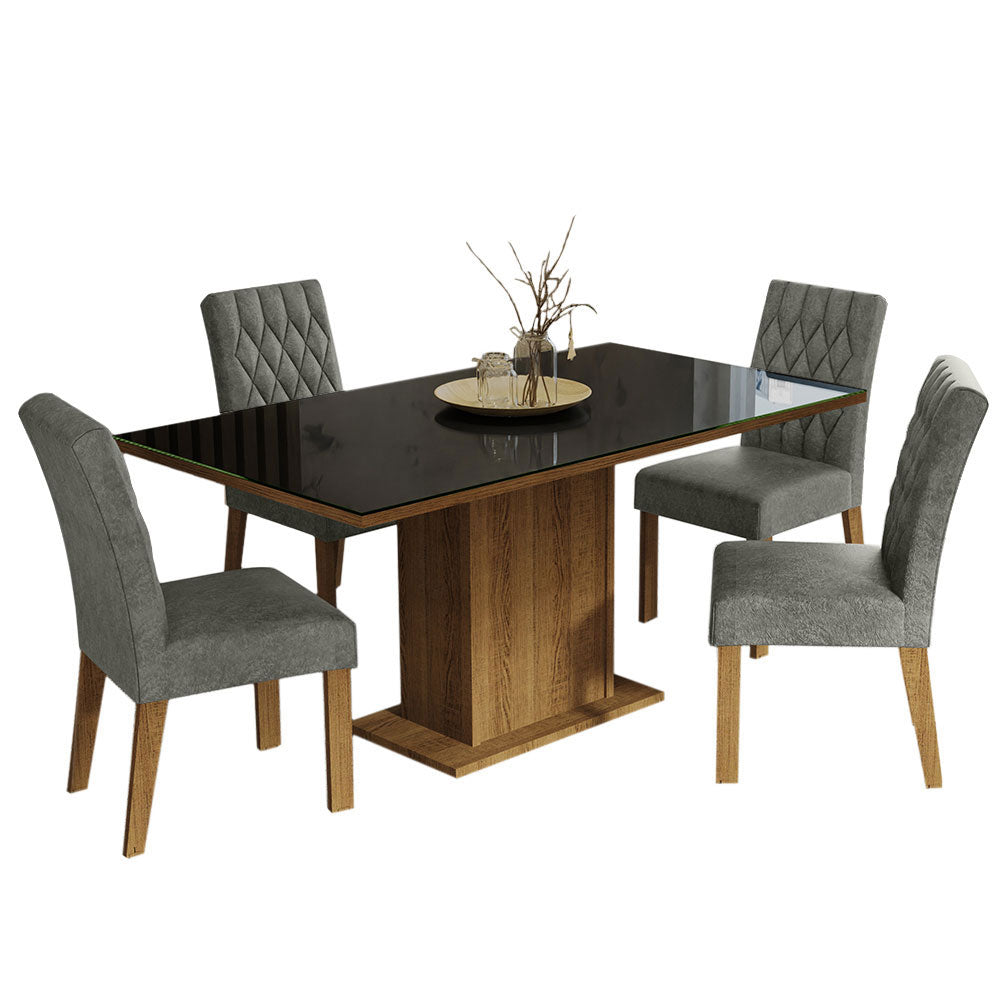 Juego de Comedor Mesa con Tapa de Vidrio 4 Sillas Marrón/Negro/Plata Marilia Madesa