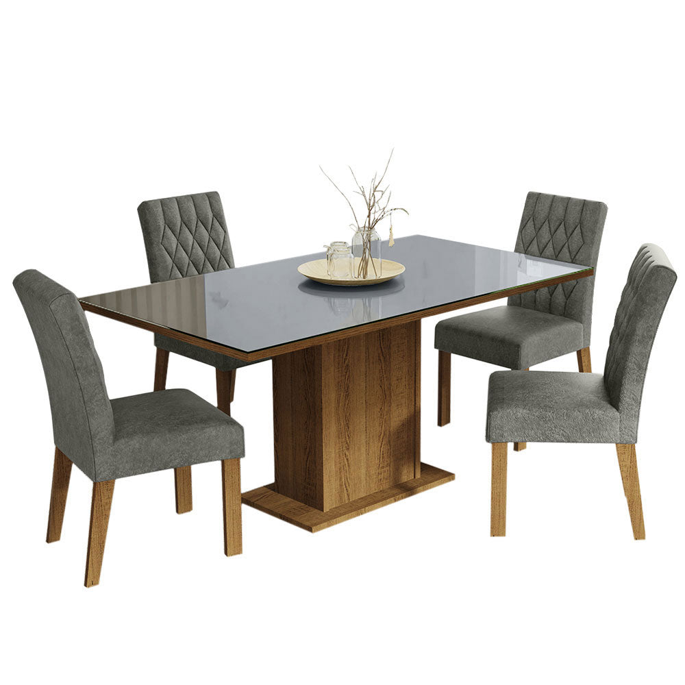 Juego de Comedor Mesa con Tapa de Vidrio 4 Sillas Marrón/Gris/Plata Marilia Madesa