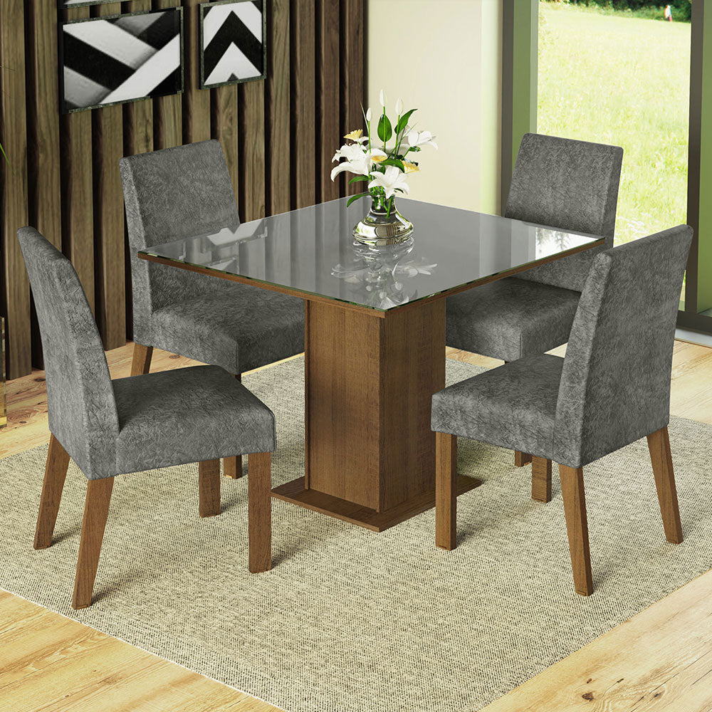 Juego de Comedor Mesa con Tapa de Vidrio 4 Sillas Marrón/Gris/Silver Anne Madesa