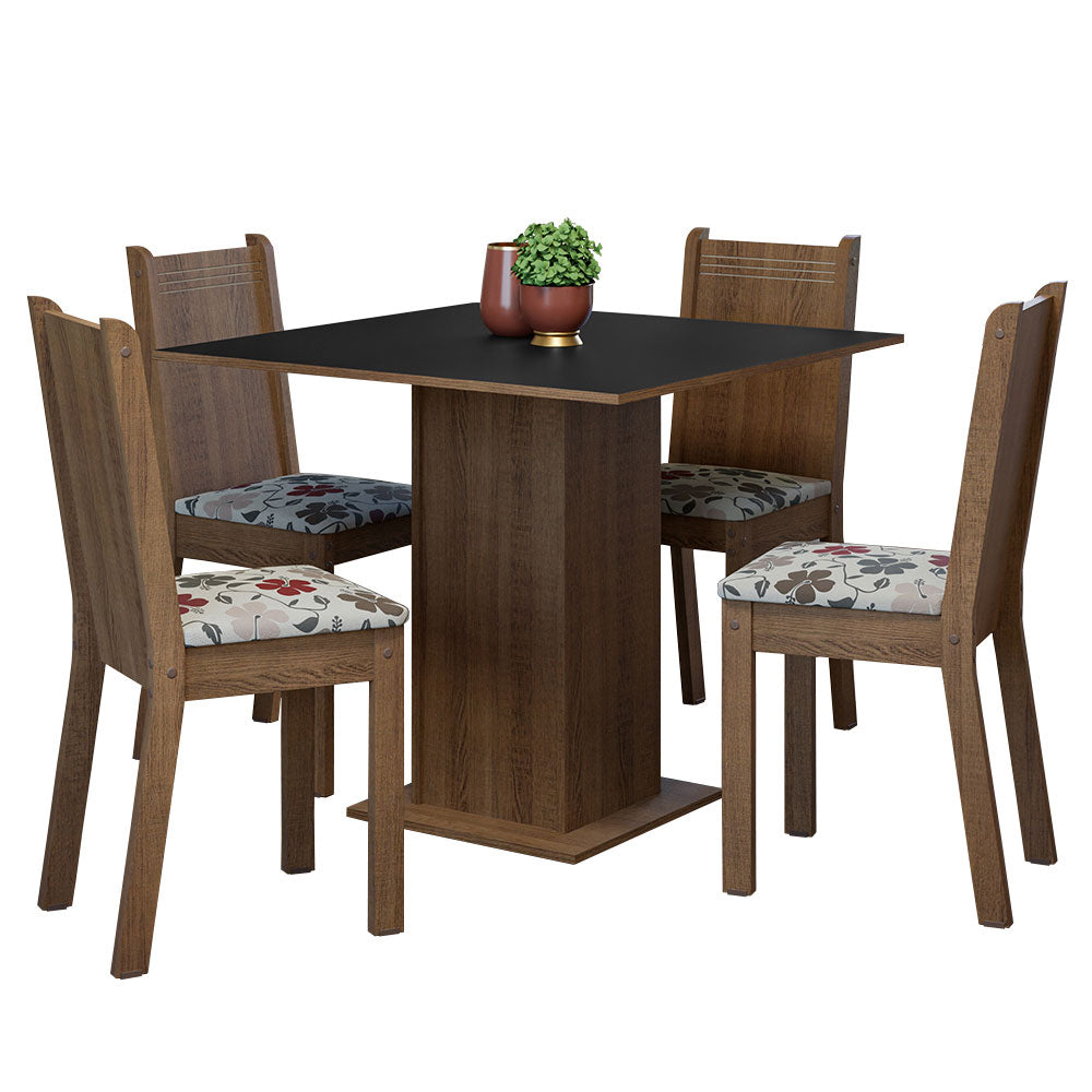 Juego de Comedor Mesa Tapa de Madera 4 Sillas Marrón/Negro/Floral Hibiscos Samara Madesa