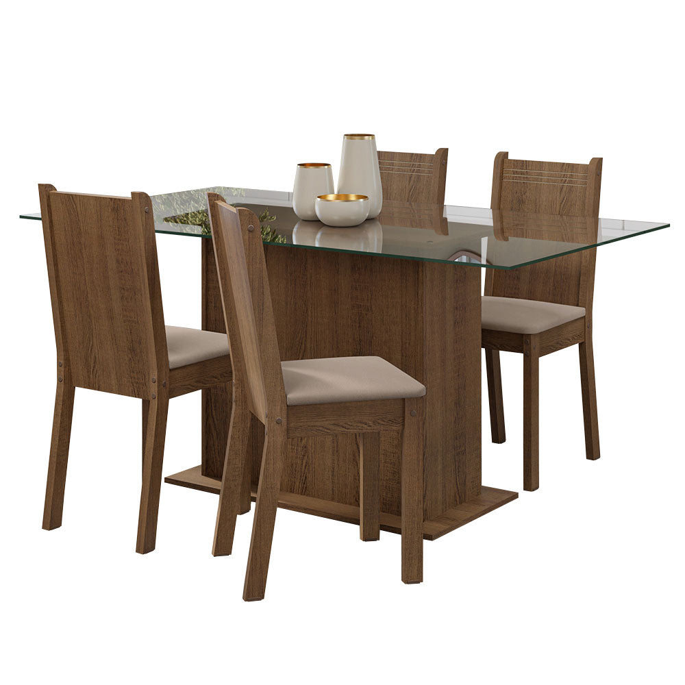 Juego de Comedor Mesa Tapa de Vidrio 4 Sillas Marrón/Sintético Beige España Madesa