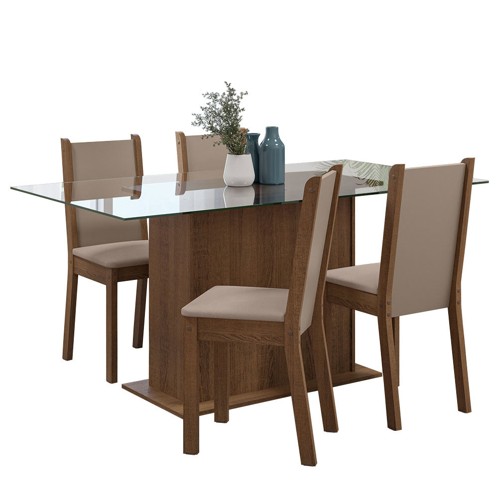 Juego de Comedor Mesa Tapa de Vidrio 4 Sillas Marrón/Crema/Sintético Beige Yara Madesa