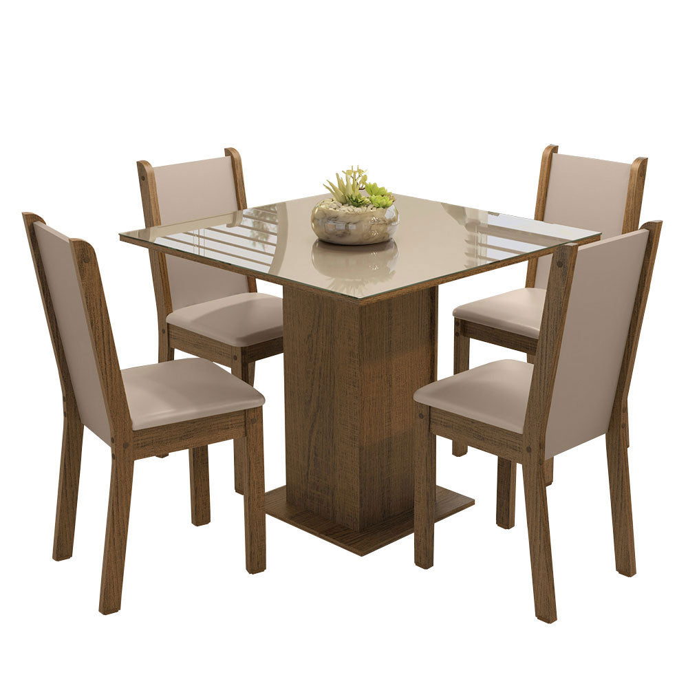Juego de Comedor Mesa con Tapa de Vidrio 4 Sillas Marrón/Crema/Beige Tifani Madesa