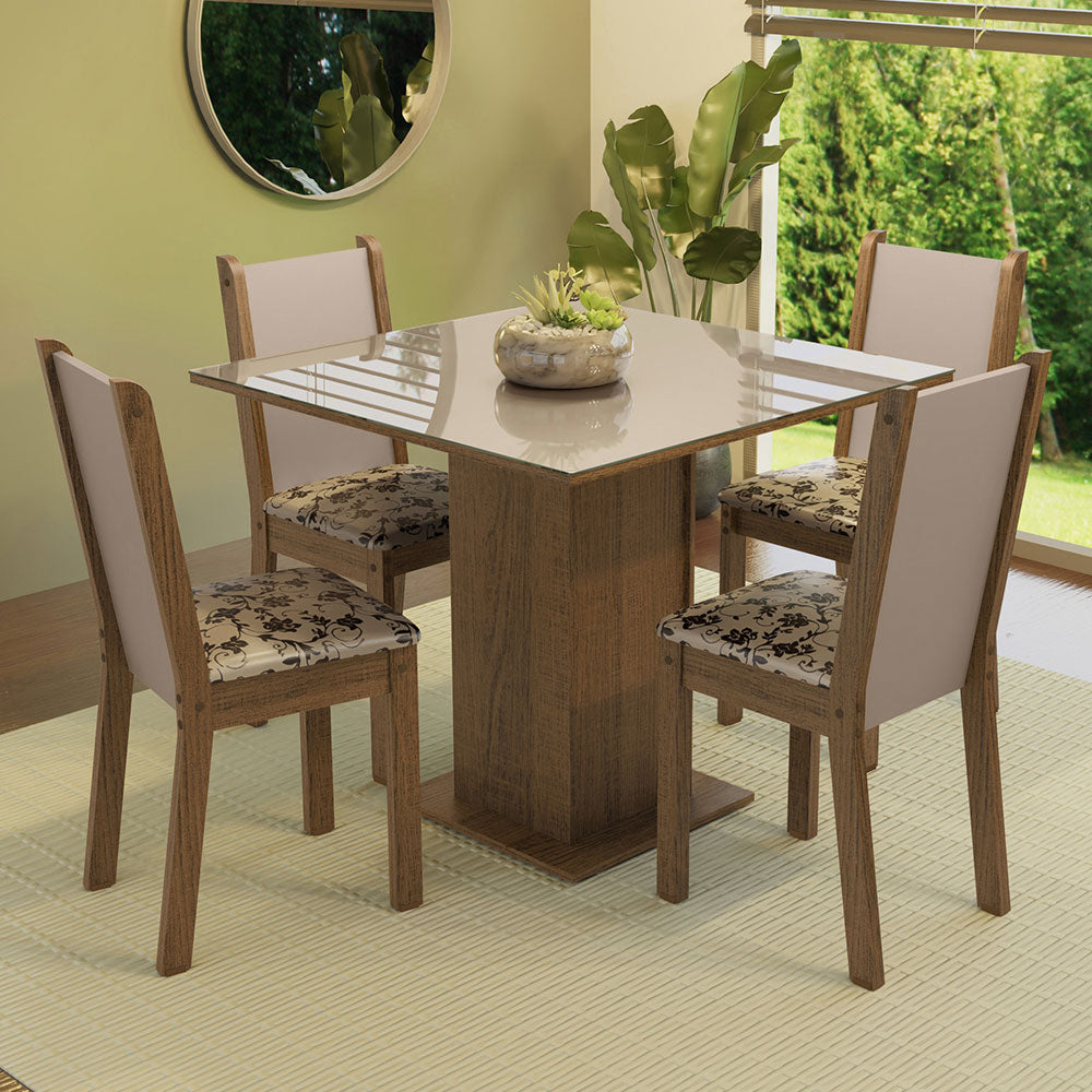 Juego de Comedor Mesa Tapa de Vidrio 4 Sillas Marrón/Crema/Beige Marrón Tifani Madesa