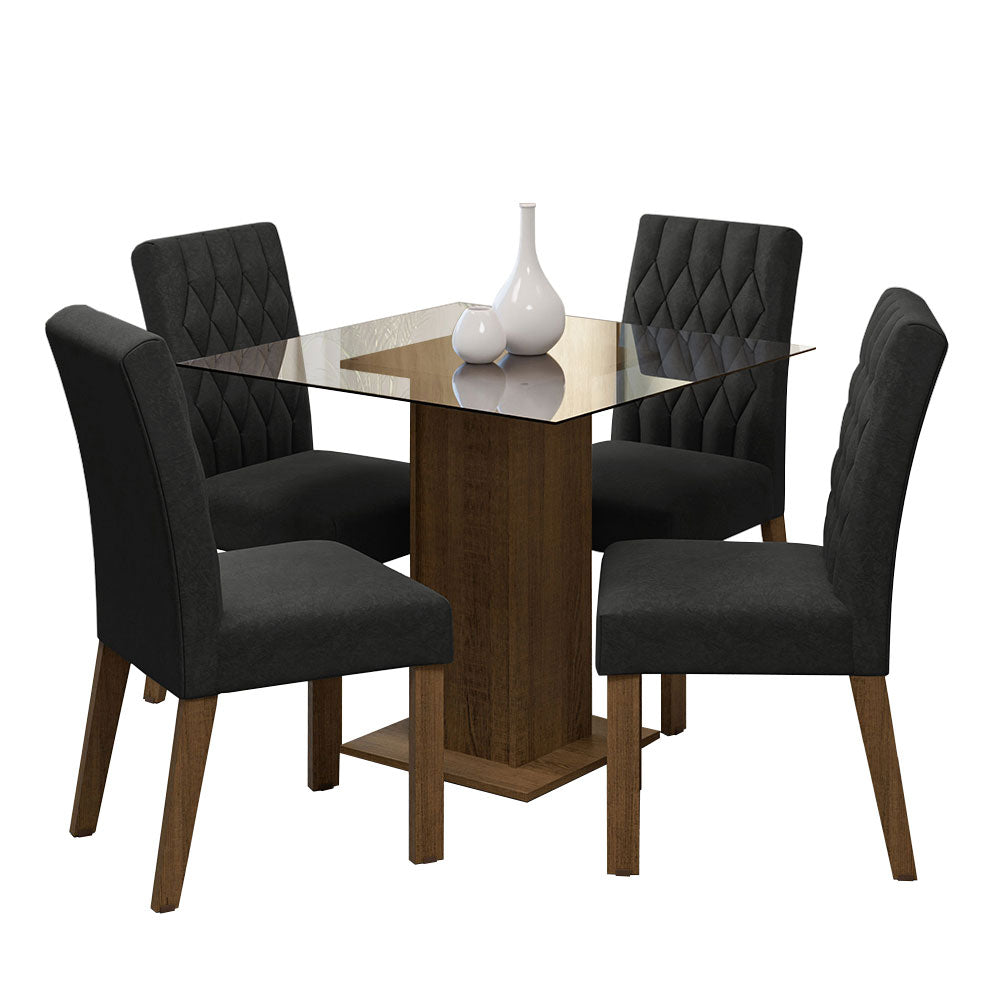 Juego de Comedor Noemi Mesa Cuadrada Tapa de Vidrio con 4 Sillas Oxford 05 Marrón Madesa
