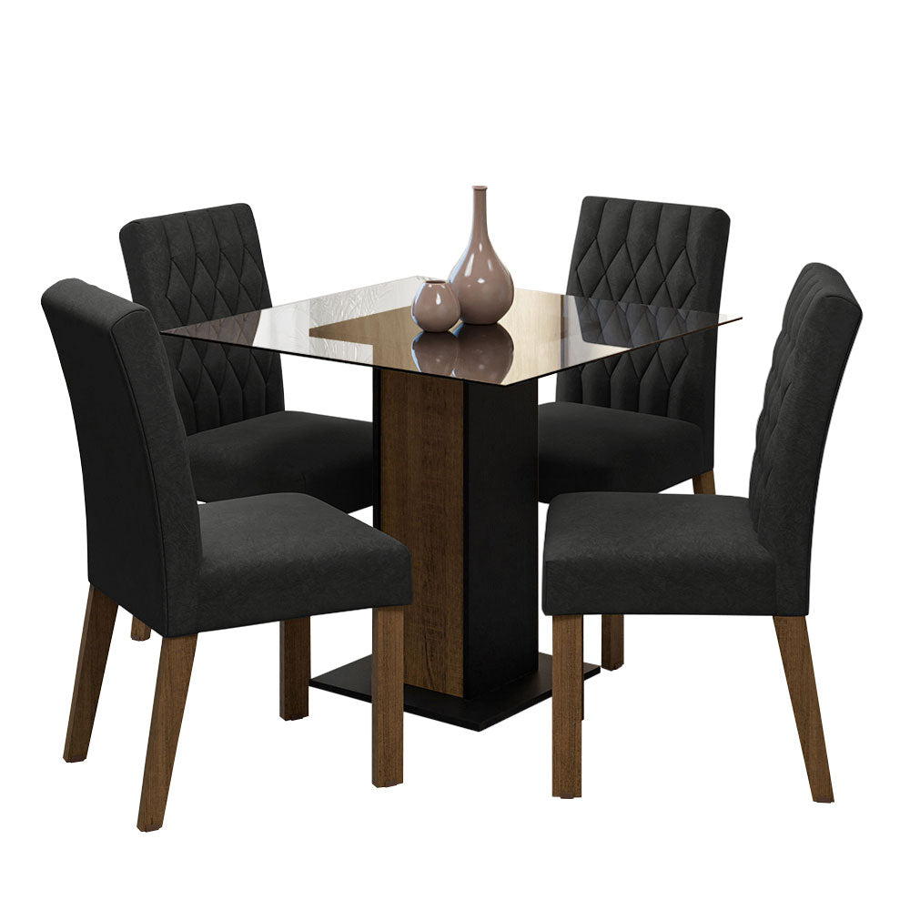 Juego de Comedor Mesa Tapa de Vidrio 4 Sillas Marrón/Negro/Oxford Noemi Madesa