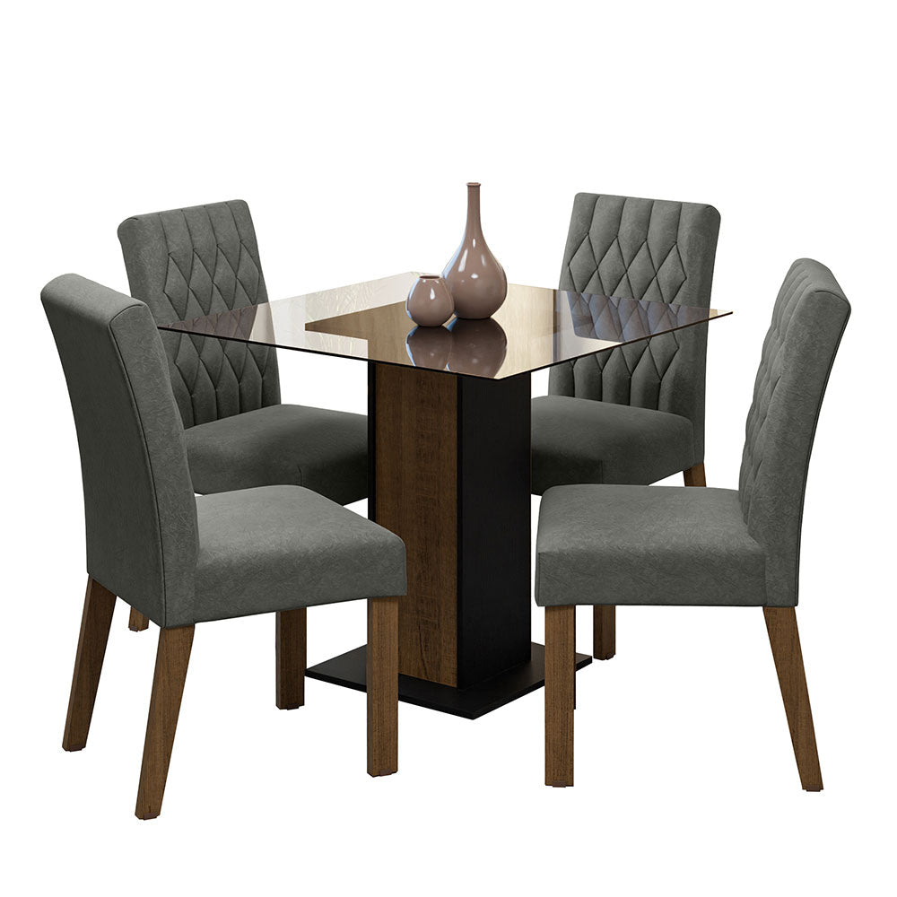 Juego de Comedor Mesa Tapa de Vidrio 4 Sillas Marrón/Negro/Silver Noemi Madesa