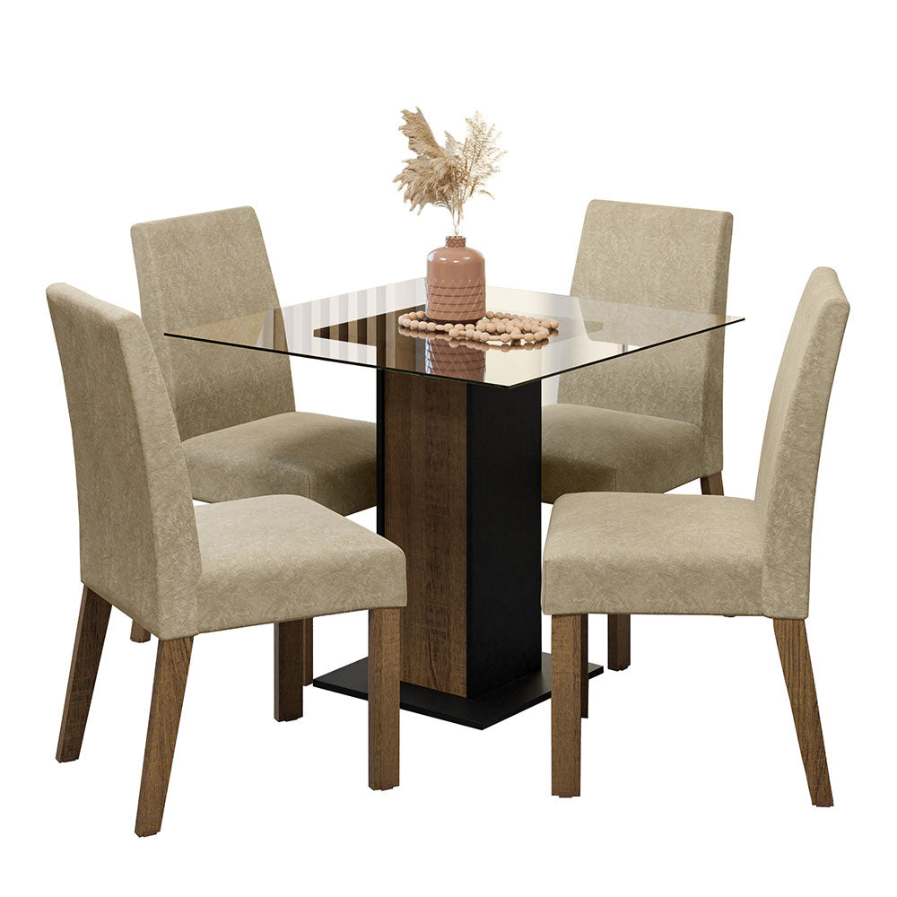 Juego de Comedor Mesa Tapa de Vidrio 4 Sillas Marrón/Negro/Imperial Ivy Madesa