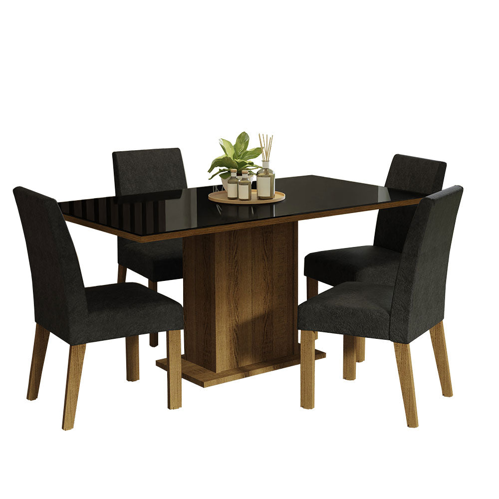 Juego de Comedor Avril Mesa Rectangular Tapa de Vidrio con 4 Sillas Oxford 03 Marrón/Negro Madesa