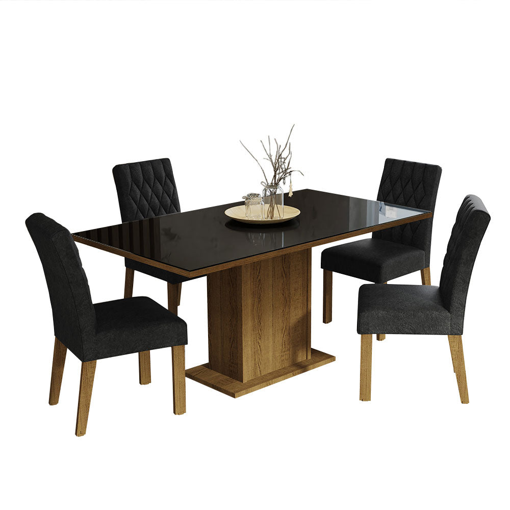 Juego de Comedor con Vidrio Sobrepuesto 4 Sillas Marrón/Negro/Oxford Marilia Madesa