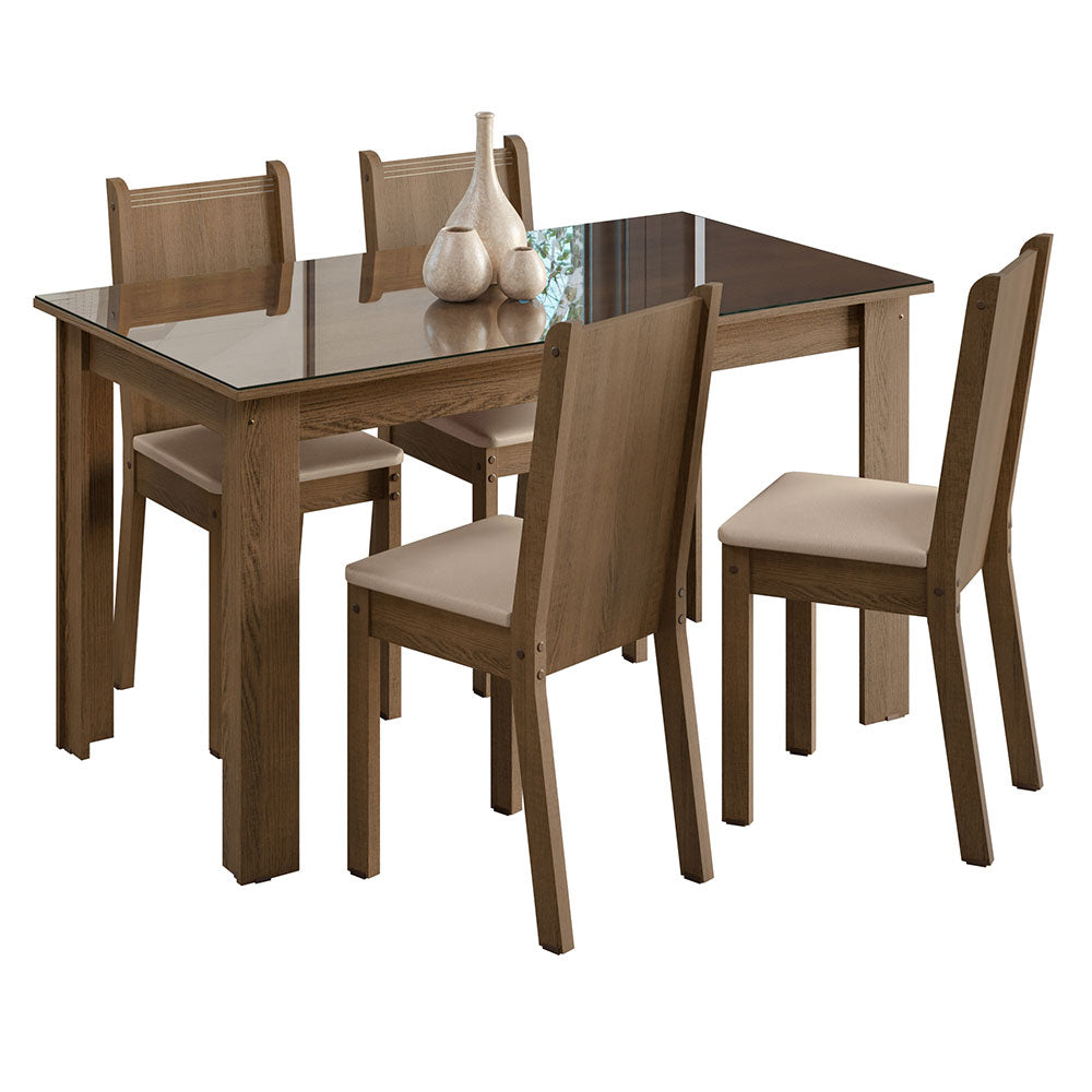 Juego de Comedor Mesa Tapa de Vidrio 4 Sillas Marrón/Sintético Beige Kiara Madesa