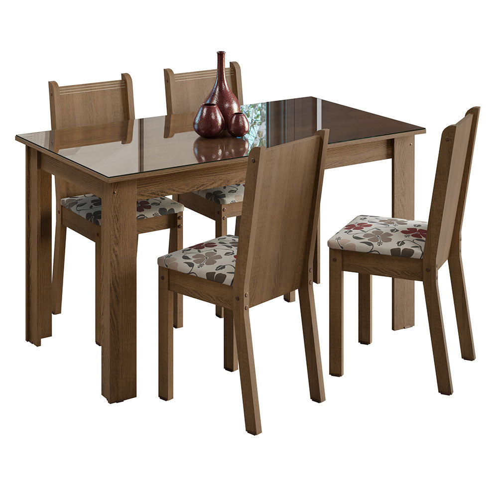 Juego de Comedor Mesa Tapa de Vidrio 4 Sillas Marrón/Hibiscos Kiara Madesa