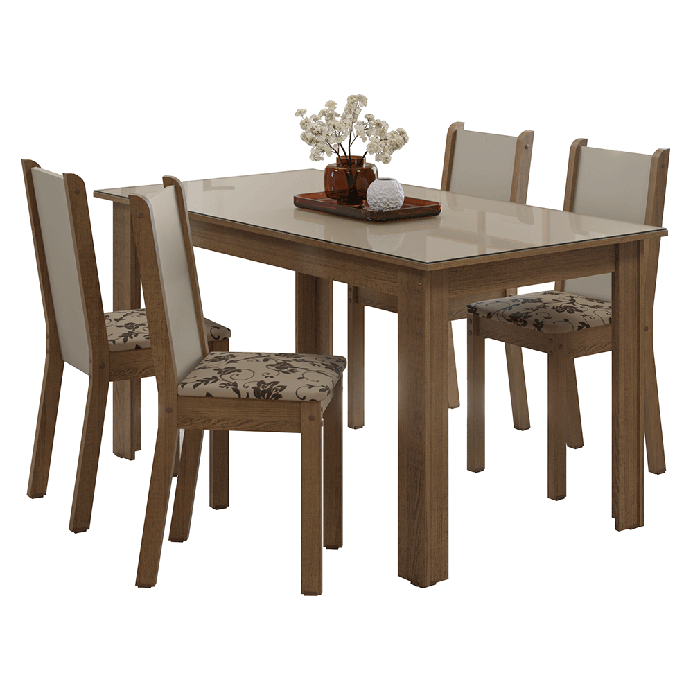 Juego Comedor Magnólia Mesa Tapa de Vidrio 4 Sillas Marrón/Crema/Beige Marrón Madesa