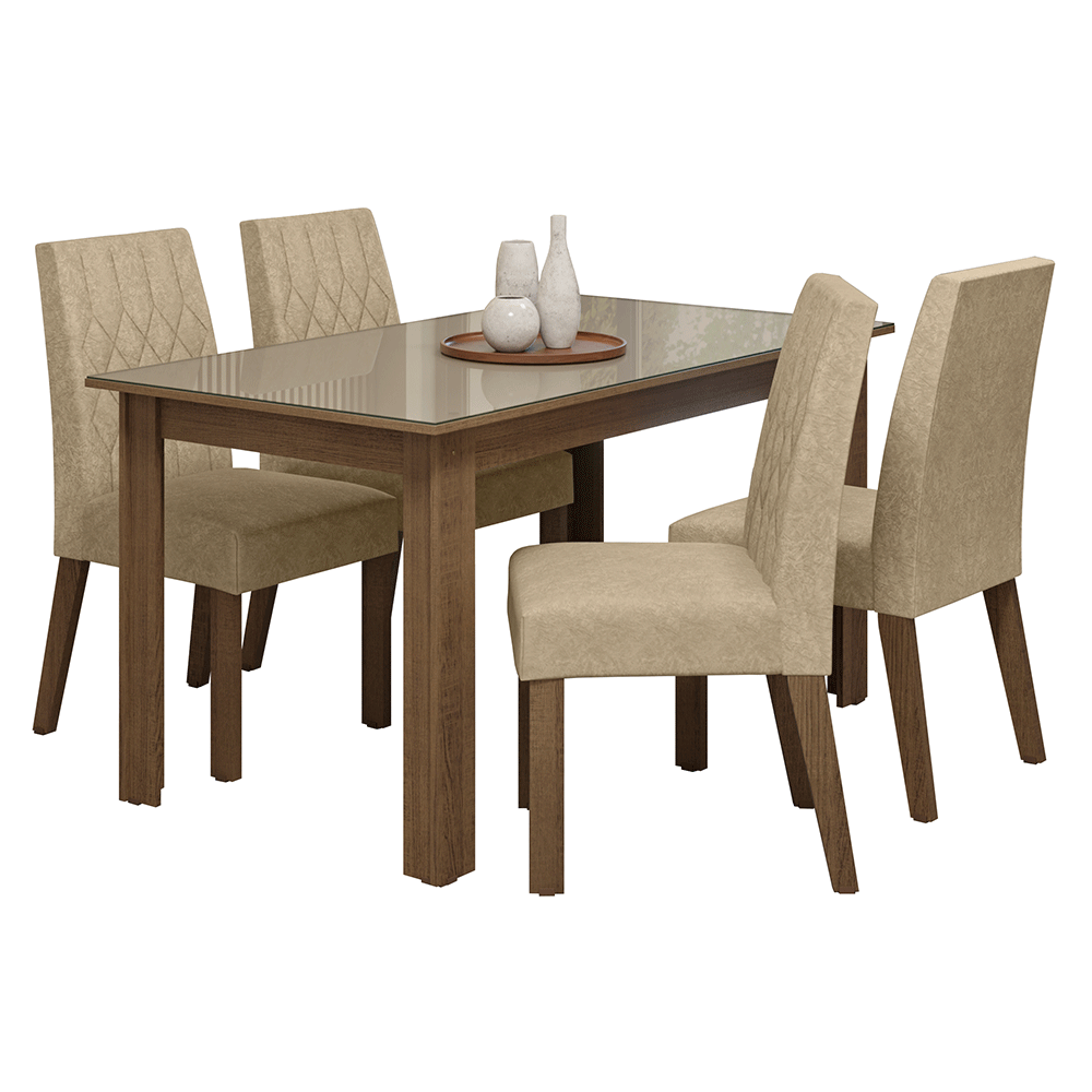 Juego Comedor Vanilla Mesa Tapa de Vidrio 4 Sillas Marrón/Crema/Gamuza Imperial Madesa