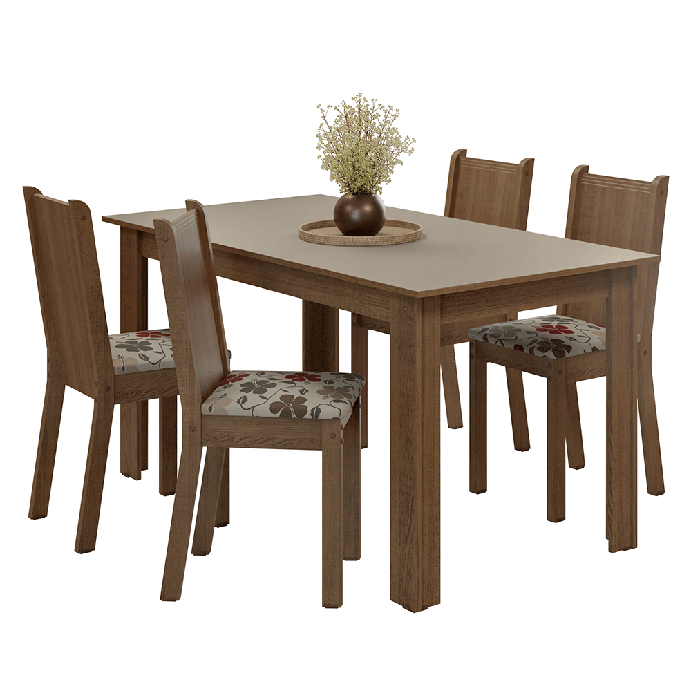 Juego de Comedor Mesa con Tapa de Madera 4 Sillas Marrón/Crema/Floral Hibiscos Madesa