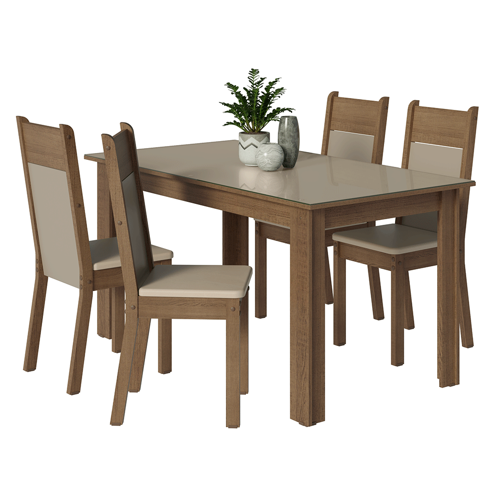 Juego de Comedor Mesa Tapa de Vidrio 4 Sillas Marrón/Crema/Sintético Beige Madesa