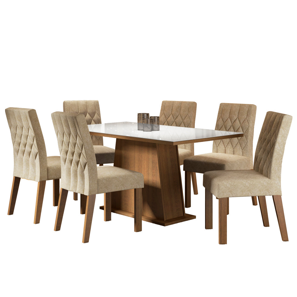 Juego de Comedor Madesa Rafaela Mesa Tapa de Vidrio con 6 Sillas Marrón/Blanco/Imperial